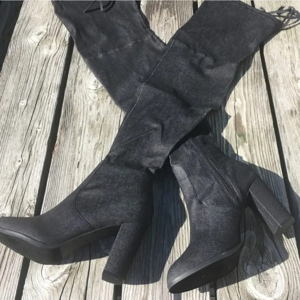 BLACK DENIM OVER THE KNEE BLOCK PLASFORM HEEL BOOT